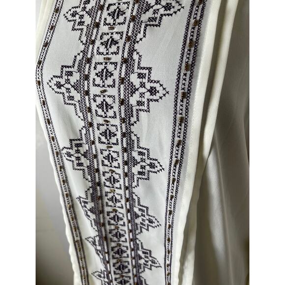 KLD Signature Women's Ruffle Hem Sequin Beaded Embroidered Sheer Blouses Cream L - Picture 4 of 13